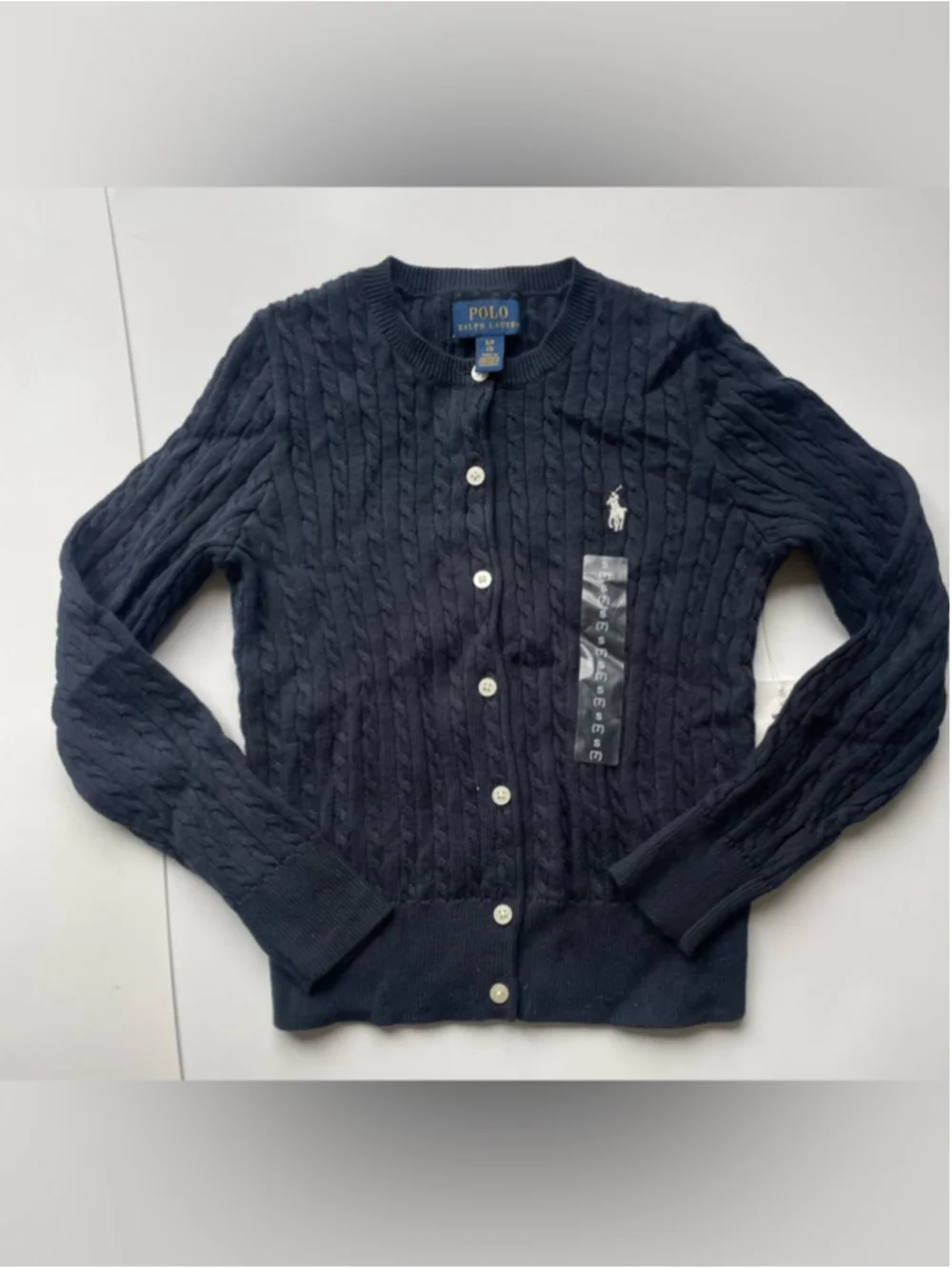 Polo Ralph Lauren Cable Knit Cardigan Navy Cotton Pony Logo Girls Small NWT